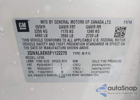 2015 Chevrolet Equinox Ls z USA, uszkodzony, nr VIN 2GNALAEK6F1122278